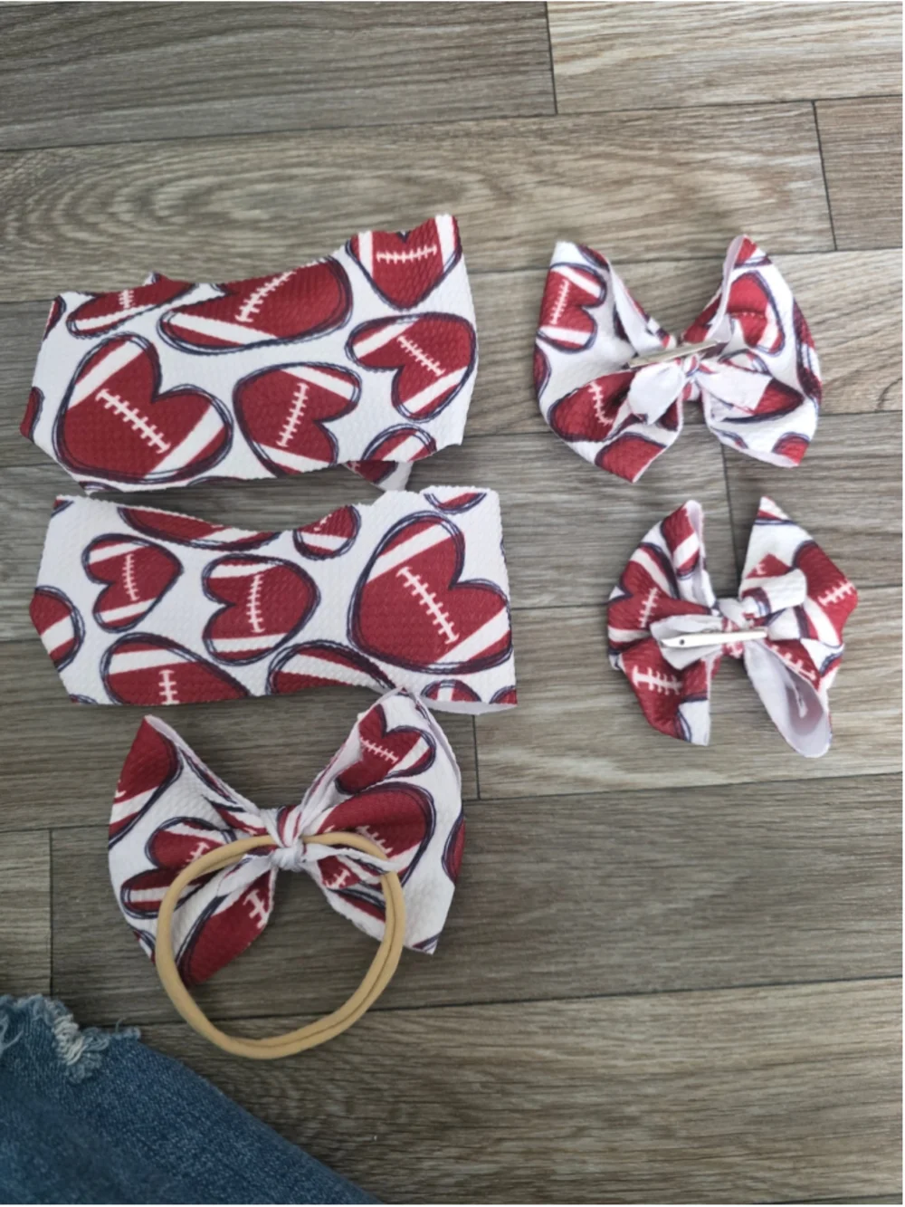Baby Hair Accessory Set White Maroon Football Print Hair Bows
